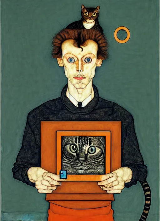 Image similar to creative python programmer with a computer and a cat in geometric harmony, by egon schiele and quint buchholz, portrait, colorful, escher++, detail