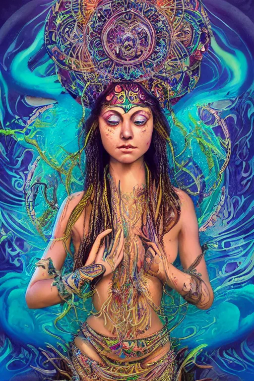 Image similar to a centered full body photo of alluring mystical goddess festival hippies with tribal paintings surrounded by a underwater ink pour and flowing liquid galium and sacred geometry, perfect face, powerful, cinematic, beautifully lit, by artgerm, by karol bak, by viktoria gavrilenko, 3 d, trending on artstation, octane render, 8 k