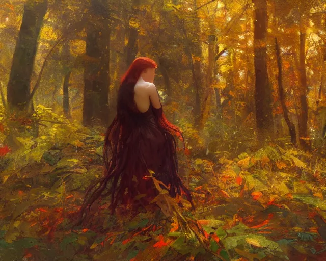 Prompt: the leaves start to turn to the color of your hair, oil on canvas, many leaves and branches in the foreground, close - up of the back of a woman with long hair styled in waves with shades of yellow and red, in a forest in autumn, by jeremy lipking, craig mullins