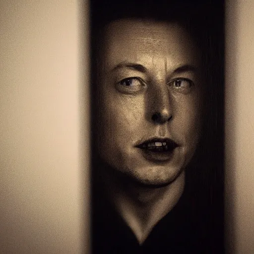 Image similar to dark photo of dark blue rainy bedroom window at night, dimly lit creepy ( ( ( ( ( contorted distorted ) ) ) ) ) face of elon musk staring in through the window, horror, scary face, demonic face,