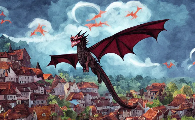 Image similar to dragon flying over a village, storybook, gouache, flat, concept art, lush, sharp focus