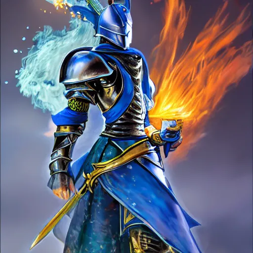 Image similar to fantasy knight in blue armor with a golden sword driving a green hatchback car with a dragon blowing fire above, manga, Yusuke Murata, artstation, 8k
