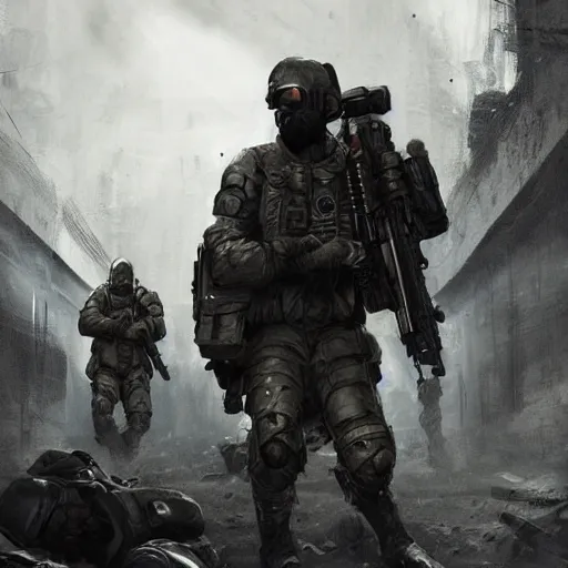 Image similar to Mercenary Special Forces in grey uniforms with black armored vests rescuing wounded comrades in 2020, by Cedric Peyravernay, highly detailed, excellent composition, cinematic concept art, dramatic lighting, trending on ArtStation