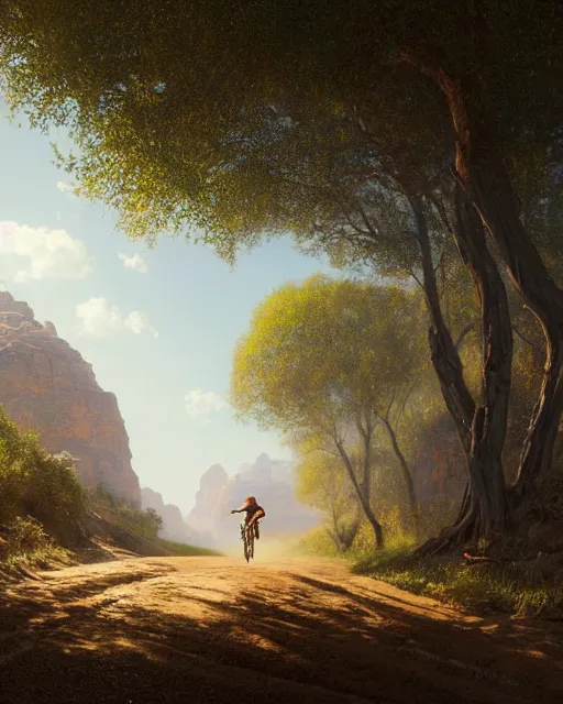 Image similar to a painting of a person riding a bike down a dirt road, a detailed matte painting by julian onderdonk, cgsociety, photorealism, reimagined by industrial light and magic, unreal engine 5, unreal engine