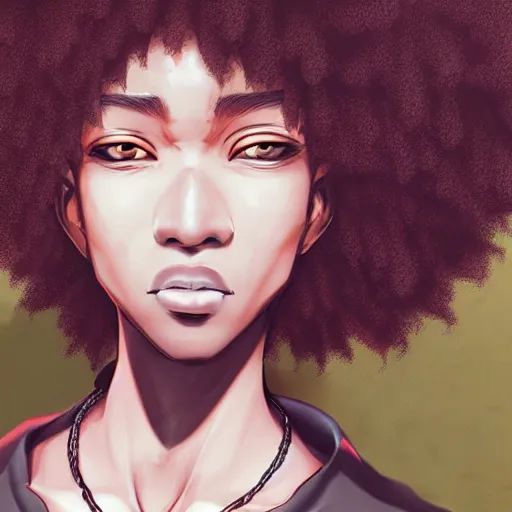 Image similar to ultra realistic illustration of a black guy with an afro, anime, highly detailed, digital art, japanese style, intricate, elegant, deviantart, concept art.