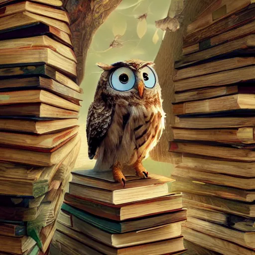 Prompt: long shot of a very cute plushy owl with eyelids half cloed sitting on a pile of antique books, by esao andrews, by pixar, humorous illustration, hyperrealistic, big depth of field, fresh colors, dim light, 3 d octane render conceptart, 4 k, hyperdetailed, trending on artstation