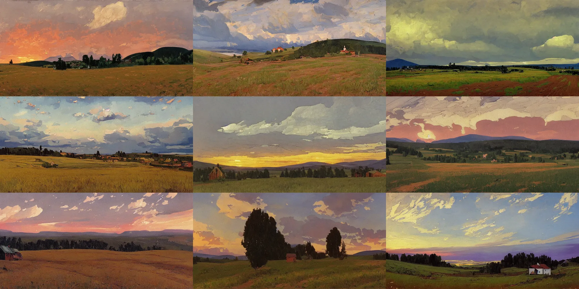 Prompt: painting in the style of Isaac Levitan, Savrasov, arkhip kuindzhi, T Allen Lawson and Ian Fisher and sidney richard percy, wide river and tiny house on the top of the hill, dream heavenly cloudy sky, horzon, hurricane stromy clouds, roads among fields, Alpes, small village, forests and low mountains at sunset sunrise, volumetric lighting, very beautiful scenery, pastel colors, ultra view angle view