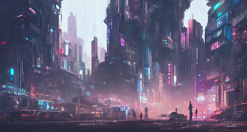 Image similar to epic digital matte paining of a cyberpunk city by Jama Jurabaev, extremely detailed, artstation