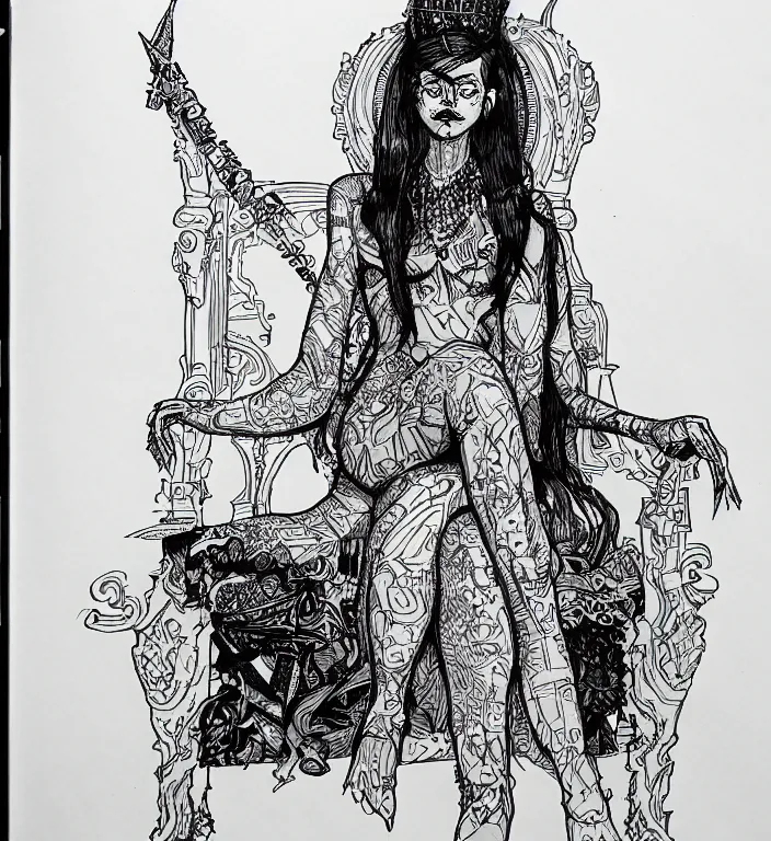 Image similar to salome full figure sitting on throne sketchbook ink drawing by james jean very detailed high contrast