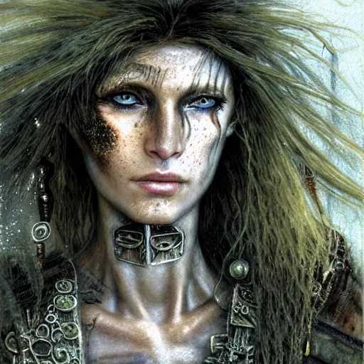 Image similar to an award finning closeup facial portrait by luis royo and john howe of a very beautiful and attractive female bohemian cyberpunk traveller aged 6 0 0 years old with green eyes and freckles in clothed in excessively fashionable cyberpunk gear and wearing ornate warpaint