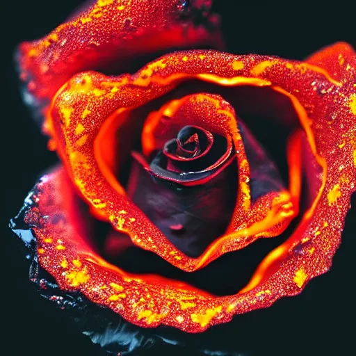 Image similar to award - winning macro of a beautiful black rose made of glowing molten magma