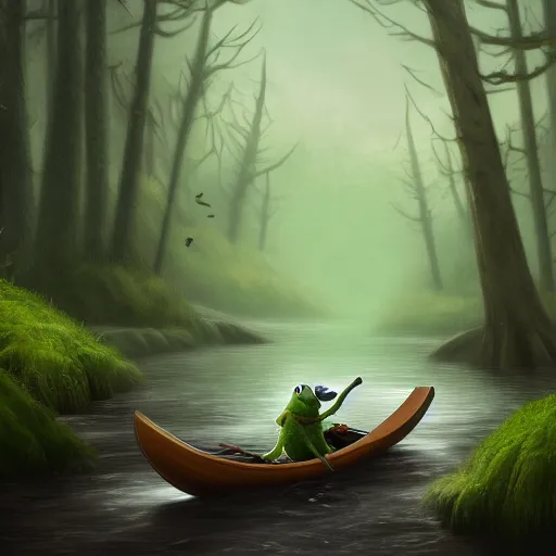 Image similar to Kermit the Frog riding a canoe down a stream, dark spooky forest in the backround surrounding him, hyperdetailed, artstation, cgsociety, 8k