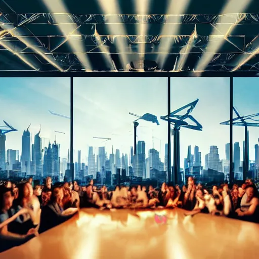 Prompt: large group people in a warehouse, looking at small hologram of futuristic city on a table, cinematic concept art, godrays, golden hour, natural sunlight, 4 k, clear details, tabletop model buildings, tabletop model, hologram center, crane shot