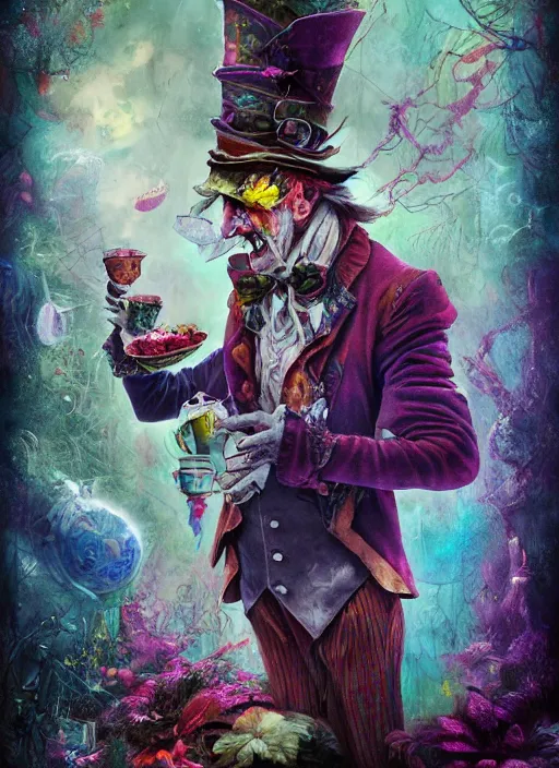 Image similar to mad hatter, solarpunk style, highly detailed, cinematic, 8 k, by megan duncanson, benjamin lacombe, adrian borda, stanley artgermm, tom bagshaw, craig mullins, carne griffiths, ayami kojima, beksinski, giger, trending on deviantart, hyper detailed, horror, full of colour