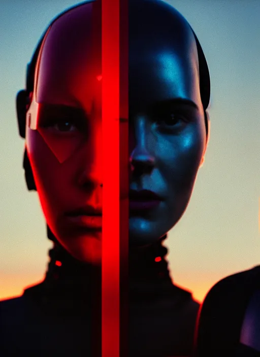 Image similar to cinestill 5 0 d photographic portrait of two loving female androids wearing rugged black techwear on a desolate plain with a red sky, showing some skin, extreme closeup, modern cyberpunk, dust storm, 8 k, hd, high resolution, 3 5 mm, f / 3 2, ultra realistic faces, ex machina, blade runner