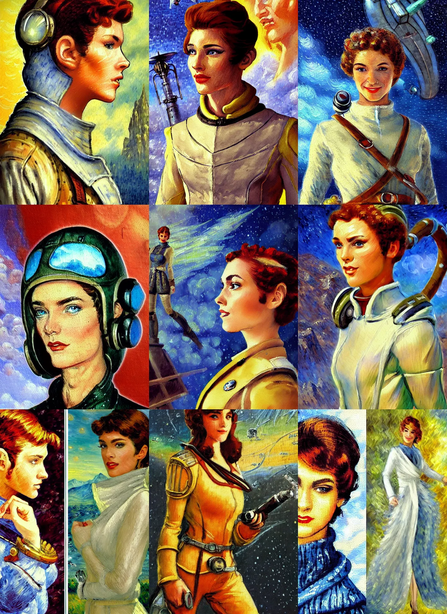 Prompt: fresco secco and impressionism painting of a d & d style retro sci - fi pilot beautiful face and wearing full detailed clothing