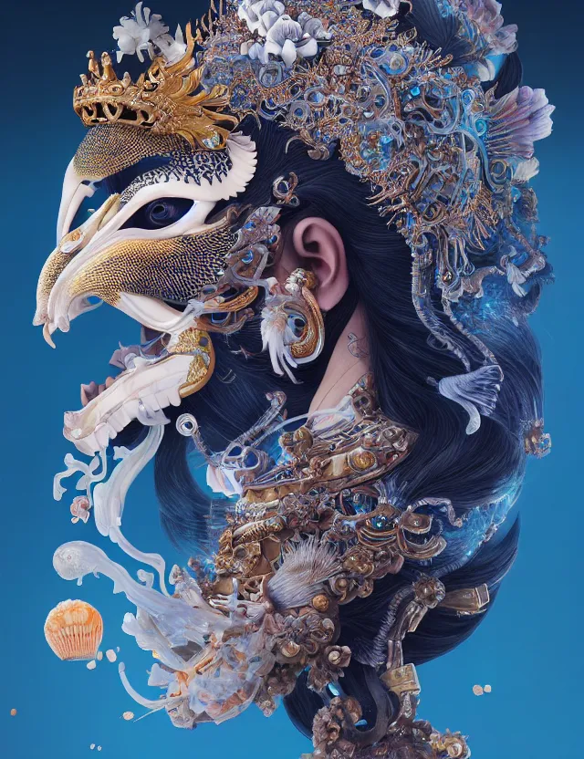 Image similar to 3 d goddess close - up profile portrait with crown, ram skull. beautiful intricately detailed japanese crow kitsune mask and clasical japanese kimono. betta fish, jellyfish phoenix, bio luminescent, plasma, ice, water, wind, creature, artwork by tooth wu and wlop and beeple and greg rutkowski