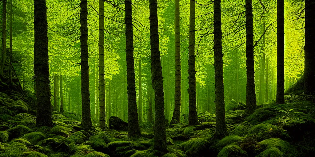 Image similar to lush north european mountainous broadleaf deciduous forest, against light, glare, bright details, contrasting, daylight, highly detailed, by dieter rams 1 9 9 0, national geographic magazine, reportage photo, natural colors