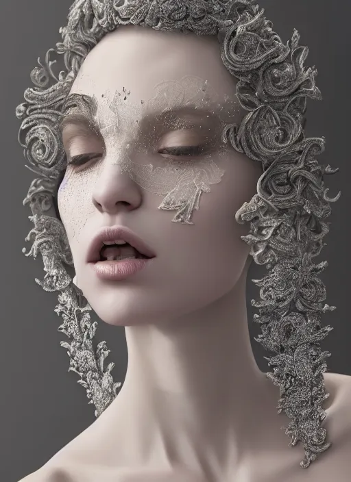 Prompt: high intricate porcelain baroque stunning woman, lace collar, 8 k, glitter skin very white hyperrealistic hyperdetailed pastel maria panfilova, andrea savchenko, sensual mike kime, ludovic plouffe, qi sheng luo, oliver cook, trending on artstation