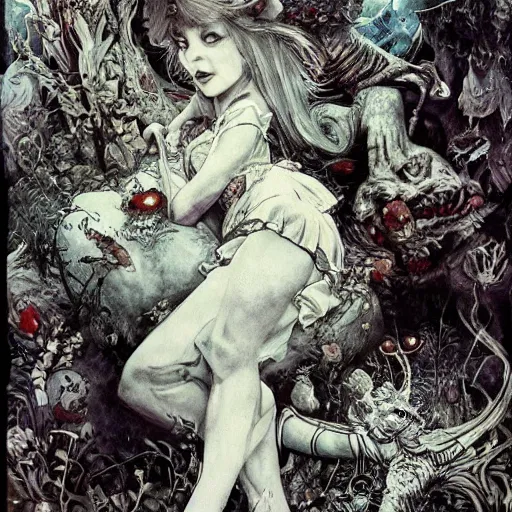 Image similar to alice in wonderland high on weed, intricate detail, painting, royo, frazetta, whealan,