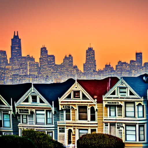 Image similar to a photograph of the painted ladies in san francisco at sunset with bokeh effect high definition