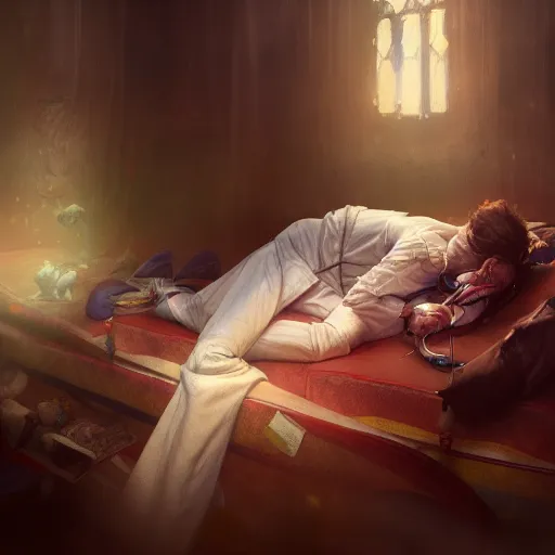 Image similar to an award winning commission of a doctor sleeping in a circus,digital art,detailed face,hyperdetailed,character design by charles bowater,greg rutkowski,artstation,deviantart,photorealistic