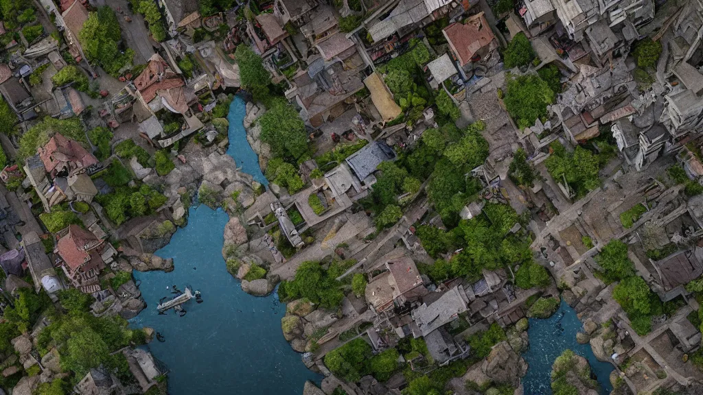 Image similar to a Photorealistic hyperrealistic render of a birdseye view looking down at a shadycreek run, a medieval town, dungeons and dragons, by Greg Rutkowski,Vitaly Bugarov,Stephan Martiniere,Nicolas Bouvier SPARTH,James Paick,dramatic moody sunset lighting,long shadows,Volumetric, cinematic atmosphere, Octane Render,Artstation,8k