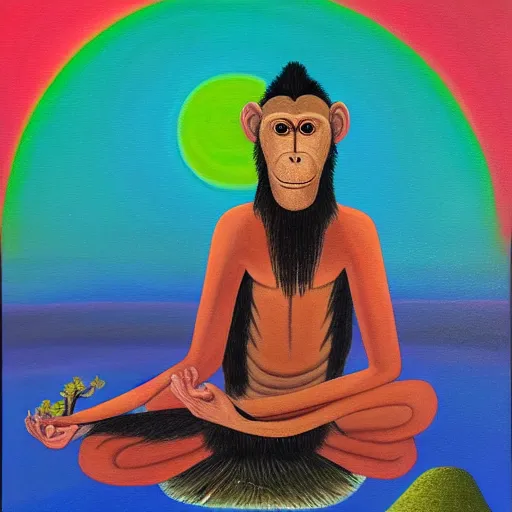 Image similar to an anthromorphic monkey man meditating in a zen garden, by amanda clark and amanda sage in a psychedelic style, oil on canvas