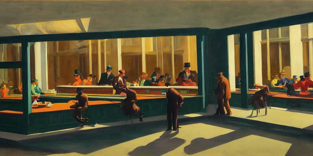 Prompt: painting, view from inside edward hopper's painting nighthawks, of a group of werebears robbing a bank, by neo rauch