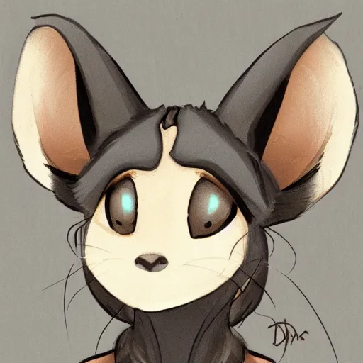 Image similar to headshot of young female furry, D&D, cute, fantasy, intricate, long hair, dark grey skin, mouse face, mouse nose, dark skin, mouse head, mouse ears, black hair, elegant, highly detailed, cartoony, artstation, concept art, smooth, sharp focus, illustration, art by Diives