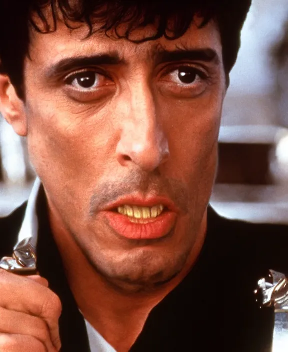 Prompt: extreme long shot. tony montana from movie scarface 1 9 8 3. al pacino, perfect symmetric face, coherent eyes, fine details, 4 k, ron cobb. cinestill