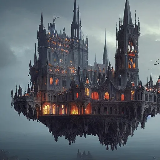 Image similar to floating flying castle with gothic architecture and swarms of tiny black specks, by Greg Rutkowski and Raphael Lacoste, detailed, volumetric lighting, dusk