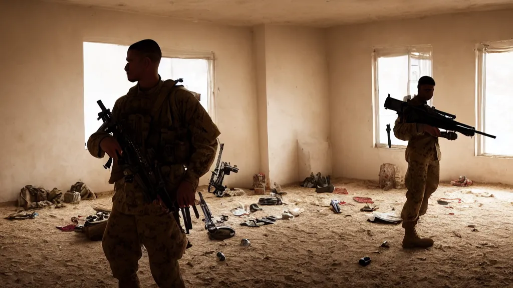 Image similar to film still of a marine soldier with a sniper rifle on his back standing in a dusty room with traditional colorful carpets on the wall in front of a sandy window. moody, grainy, 4 k, high detail, aesthetic, good composition, overdetailed, room cluttered with items, anatomically correct, directed by best director in the world,