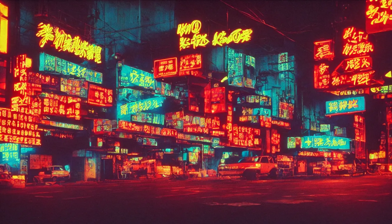 Image similar to 80s asian neon movie still, medium format color photography, movie directed by Kar-Wai Wong, hyperrealistic, photorealistic, high definition, highly detailed, tehnicolor, anamorphic 50mm lens