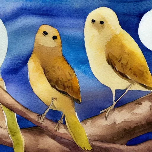 Prompt: a row of fat Panurus Biarmicus sitting on a branch in the moonlight, watercolor painting