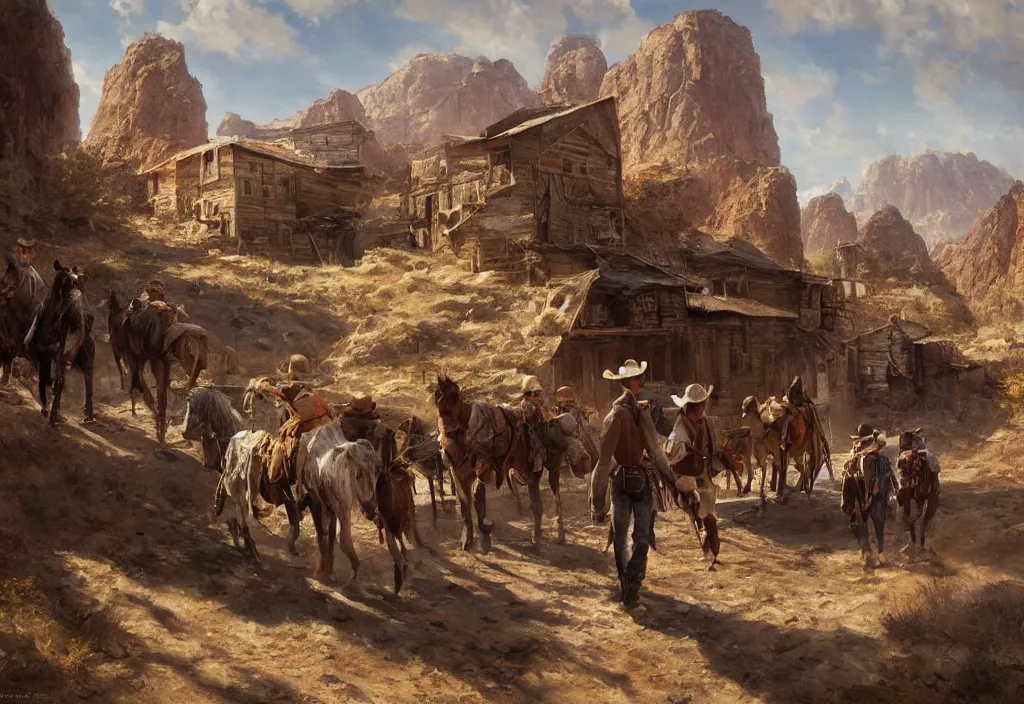 Image similar to a 1 8 th century old west far west small town in a stunning landscape by craig mullins, some cowboys ridign a horse or walking, oil on canvas big brushstrokes, line art, winning - award masterpiece, fantastic, octane render, 8 k hd resolution, high quality image