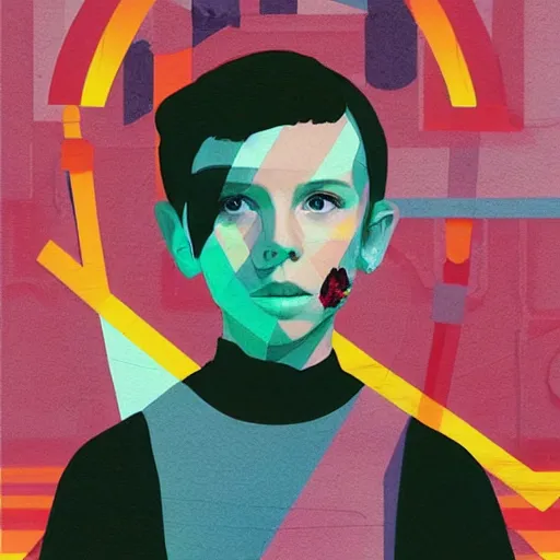 Prompt: Millie Bobby Brown profile photo as 11 by Sachin Teng , dark vibes, Organic Painting , Matte Painting, geometric shapes, hard edges, graffiti, street art:2 by Pixar (2009):4