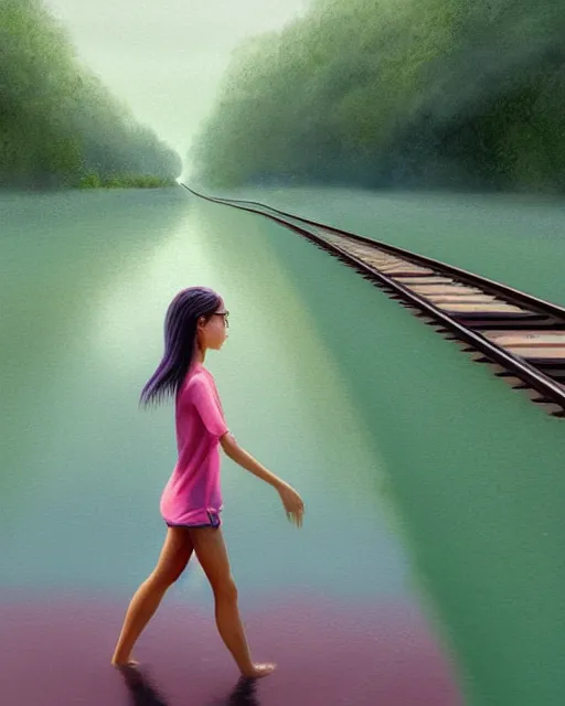 Prompt: a girl dressed in a green shirt and pink shorts walks along train tracks stretching out toward the horizon that are submerged under a few inches of water in a wide pool of water, intricate, elegant, highly detailed, digital painting, artstation, concept art, smooth, sharp focus, illustration, art by artgerm and greg rutkowski and fra angelico