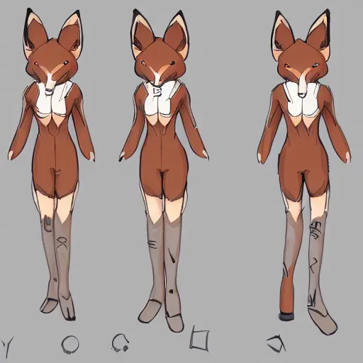 Prompt: female character sheet, concept art, fox legs, fox ears, part fox, anthropomorphic female, lone female, red hair, character sheet, sketch, anime, paws, close - up, feet replaced with paws.