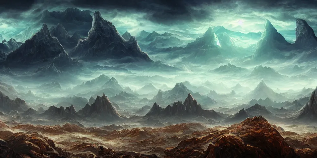 Prompt: The eldritch sky landscape with mountains in the background, Sci-Fi fantasy desktop wallpaper, painted, 4k, high detail, sharp focus