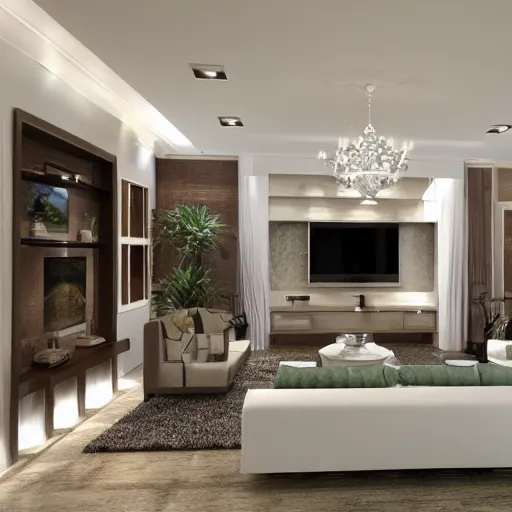 Image similar to photorealistic living room