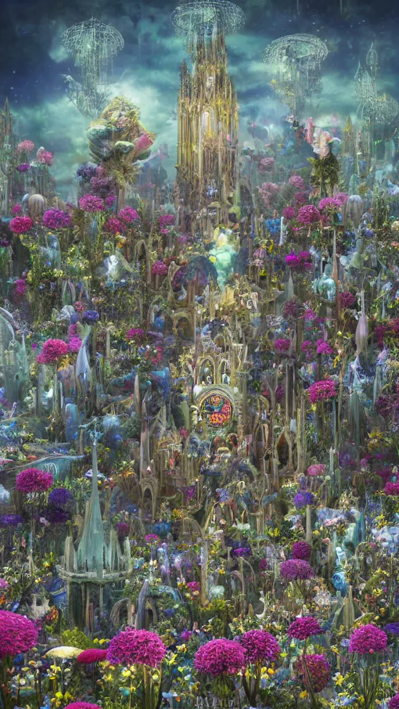 Prompt: a centered render of intricate modular synthesizer of alice in wonderland, shining its light across a tumultuous sea of flowers, undersea animals and gothic crystal church by dorothea tanning and salvador dali, trending on artstation, cyber punk, high contrast, unreal engine, high detailed, 8 k