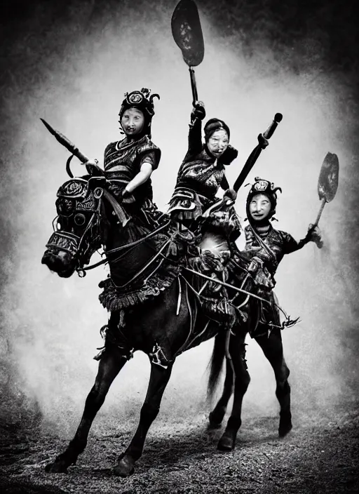 Image similar to old vintage photo of Chinese ancient warrior female team on the complex steam punk hooverboard, extreme sports photography , dynamic photography,clean symmetrical faces, high speed,dirt and grawel flying in the spot, lens flares, dust in the air, dramatic lighting, intricate, highly detailed, centered, smooth, sharp focus, sports photography, old photo, black and white, sepia, cinematic lighting, cinematic angle, national geographic