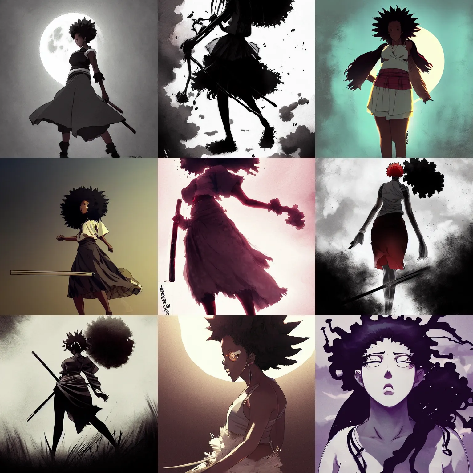 Prompt: , female plus size instagram skirt model in afro samurai anime style, full body profile, dynamic wide angle lens, manga style, greg rutkowski, pencil and ink, full moon lighting, fully clothed
