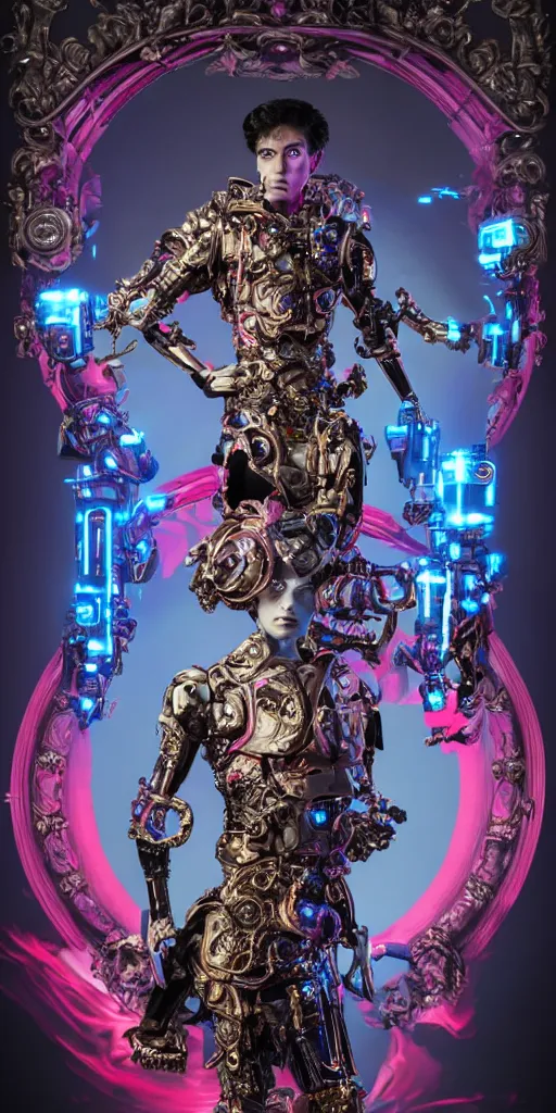 Image similar to baroque and cyberpunk style full-body sculpture of a young seductive Hispanic prince half android with a chest exposing a glowing ruby battery, glowing pink seductive laser eyes, crown of blue gears and diamonds, swirling salmon-colored silk fabric, robotic raptors dinosaurs. baroque elements. full-length view. intricate artwork by caravaggio. art by Artgerm and Greg Rutkowski and Alphonse Mucha, Trending on artstation, cinematic industrial lighting, photorealistic, octane render, 8k, depth of field, 3D