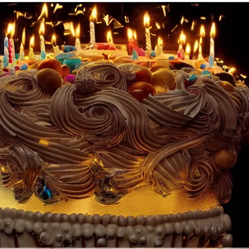 Prompt: epic view of a giant birthday cake with lit candles, cake, candles, 4 k, hyperdetailed, hyperrealistic, trending on artstation, ornate, elegant, dramatic lighting