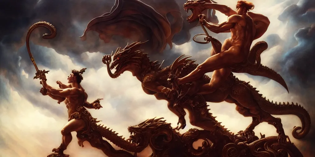 Prompt: Hercules riding the Colchian dragon into battle, by Rolf Armstrong and Evelyn De Morgan and Bastien Lecouffe-Deharme, dramatic lighting, high contrast colors, baroque, empyrean, panoramic view, as trending on Artstation, highly detailed, doom engine,