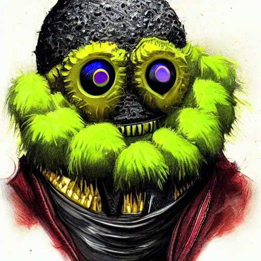 Image similar to a tennis ball monster wearing a balaclava and golden necklace , digital art, fantasy, magic, trending on artstation, ultra detailed, professional illustration by Basil Gogos