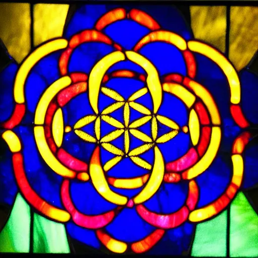 Prompt: flower of life, stained glass, fire, rays