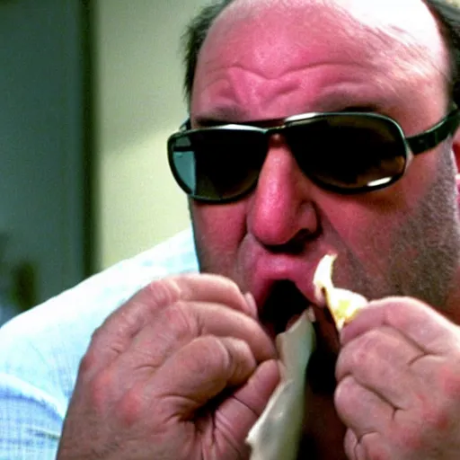 Image similar to james gandolfini angry while eating gabagool, 8 k, high definition, highly detailed, photo - realistic